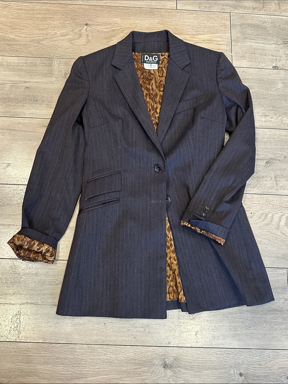D&G Women's Charcoal and Red Pinstripe Blazer with Leopard Lining
